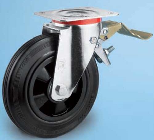 Swivel castors with standard rubber tyres and brake